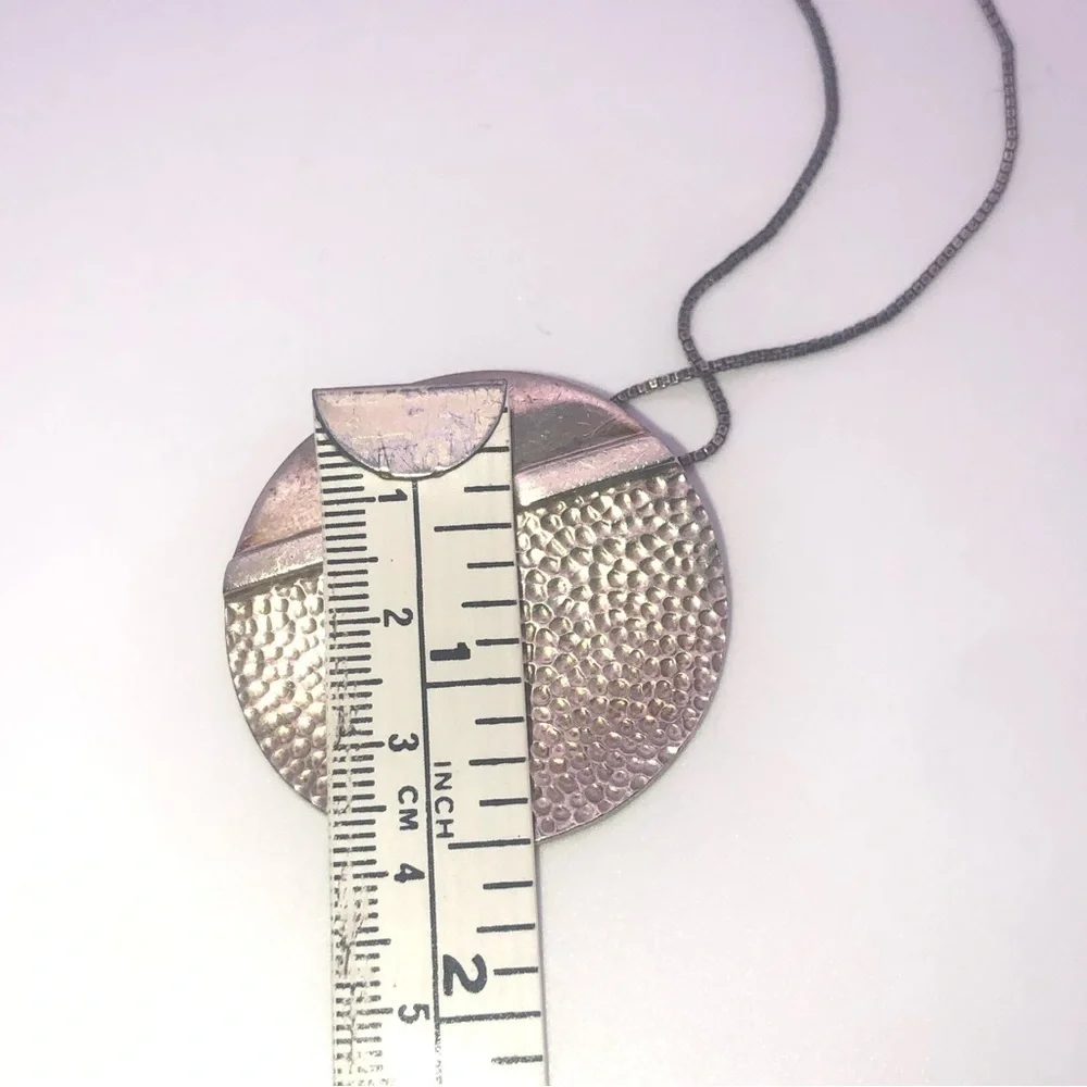 Vtg 925 Sterling Modernist Circle Pendant & Boxlink Chain 21” & 1.5” / 19.5g - Picture 8 of 10